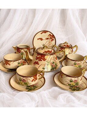 Vintage Kutani Japan Tea Set 13 Pc Autumn Maple Crackle Glaze Gold Trim Teapot